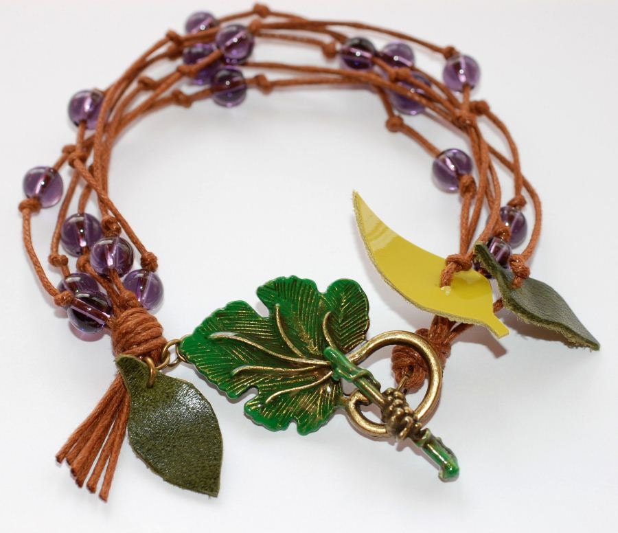 Grapes & Leaves Multi Strand Bracelet Knotted leather Painted Clasp