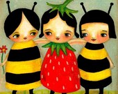 Sweet STRAWBERRY girl and BEE friends summertime PRINT of painting by tascha