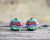 Colorful landscape.  Abstract post earrings. Studs. Earring posts. Polymer clay. Round earrings. Teal. 15mm