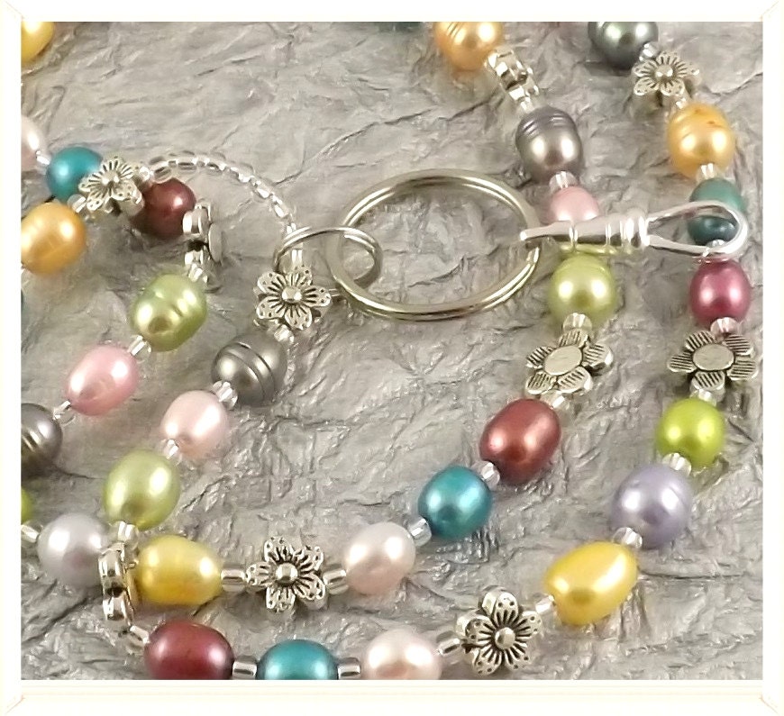 Floral Bouquet multicolor freshwater pearl lanyard ... perfect for your ID badge key eyeglasses