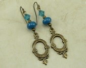 Steampunk Romantic Vintage Looking Lampwork Bead & Swarovski Earrings - Teal Aqua Blue Green Cerulean - Brass Ox French Ear Wires