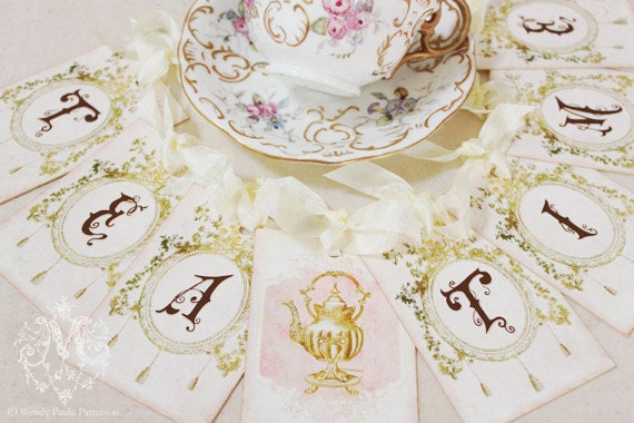 Tea Time bunting, garland, vintage style party decoration,high tea, bridal shower, Baby shower, Alice in Wonderland, Marie Antoinette