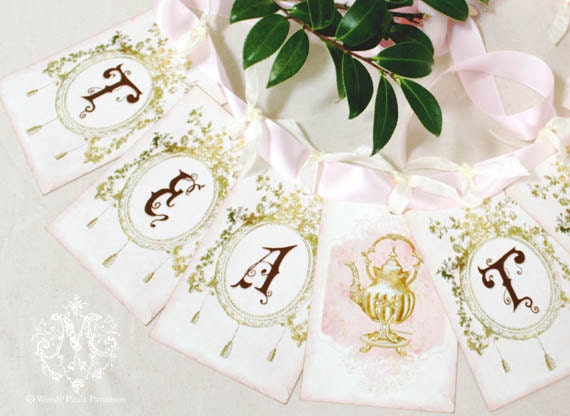 Tea Time Bunting, vintage style party decoration, garland, high tea, bridal shower, baby shower, Alice in Wonderland, Marie Antoinette