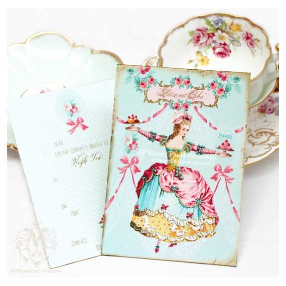Marie Antoinette, Invitations, Tea Party, Let them eat cake, Shower Tea, Vintage Rose Wallpaper, Blue