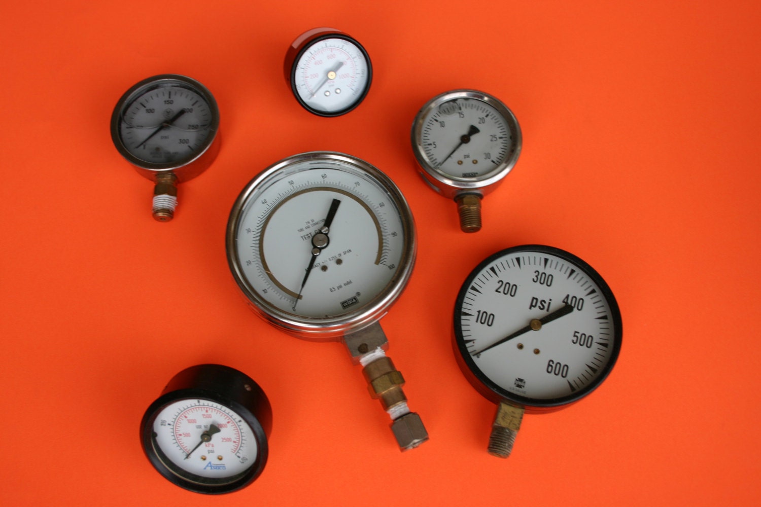 6 assorted VINTAGE Air Pressure Gauges