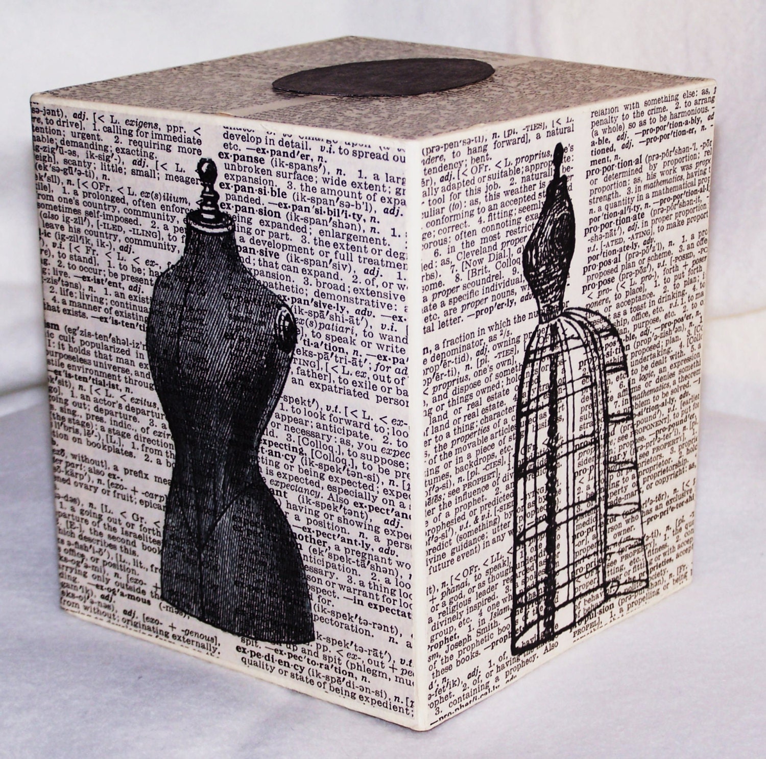 Tissue Box Cover, Dress Form, Vintage Book Page, Winterberry Cottage