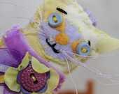 Lilac and Lemon Quilty Critter Kitty Cat - Sweetly Smiling Petunia w vintage plum button trim