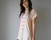 Young Hearts t-shirt in blush pink with hot pink text, hand screen printed, scoop neck, viscose linen blend jersey
