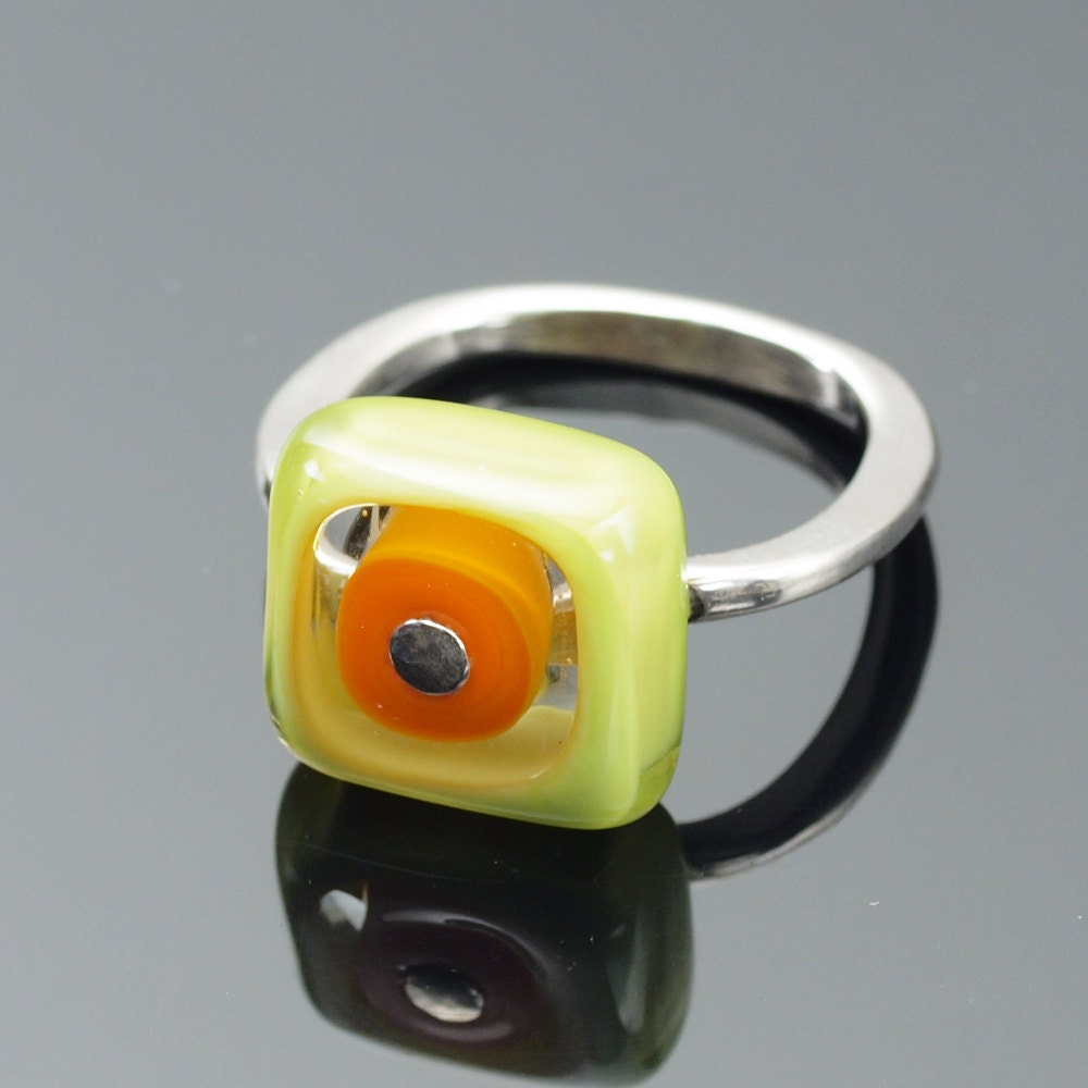 Medium Glass Square Ring in Orange and Chartreuse