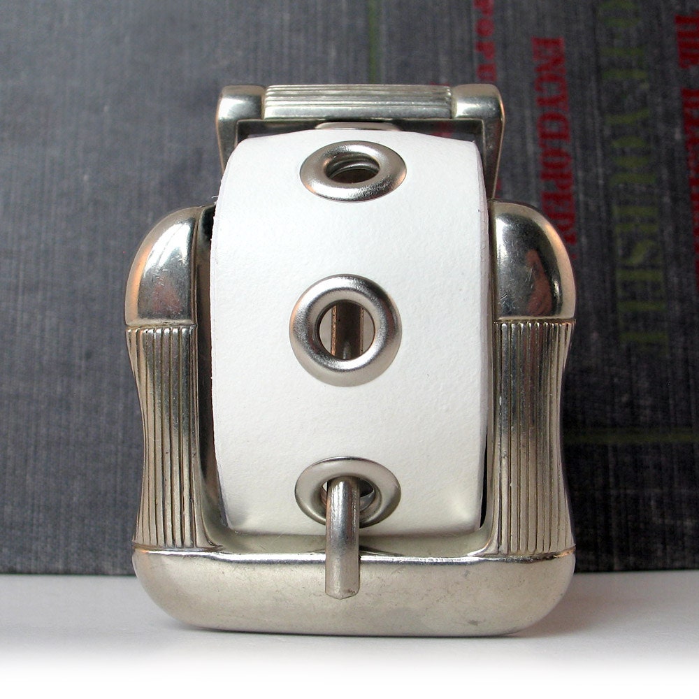 White Leather Cuff Bracelet Mini Belt with Art Deco Hardware, Woman, Teen Girl, Adjustable, Wristband, OOAK