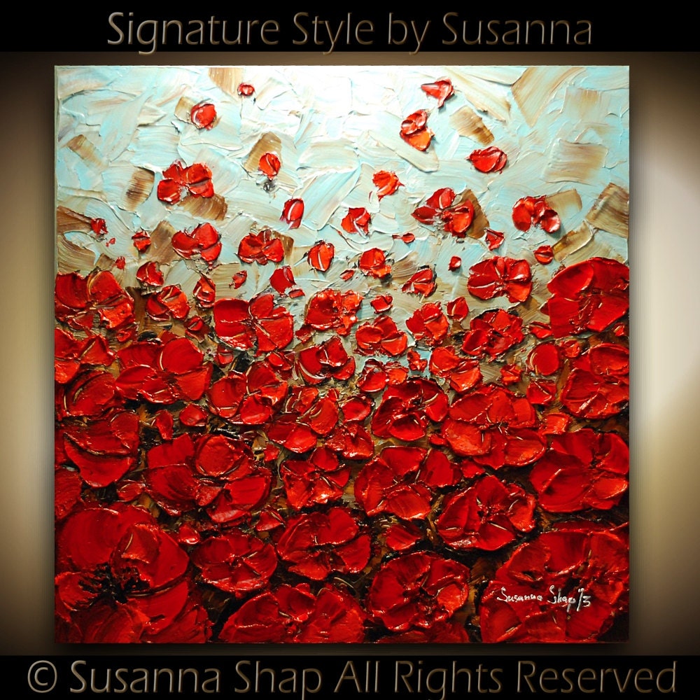 ORIGINAL Large Abstract Brown Blue Red Poppies Impasto Landscape Oil Painting by Susanna 30x30 Ready to Hang
