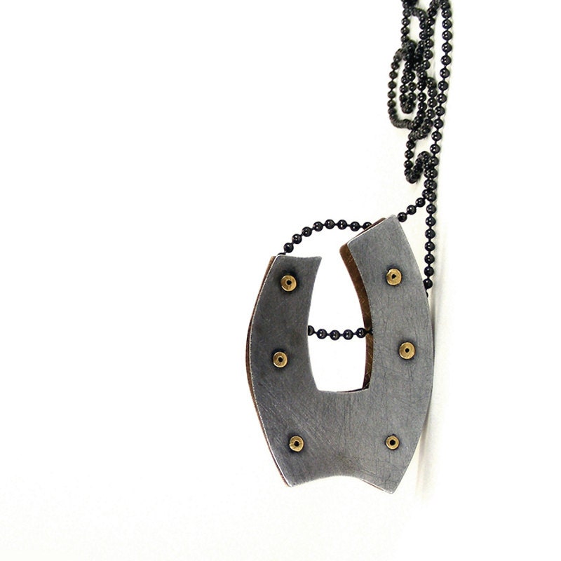 Oxidized Steel and Oxidized Bronze Riveted Pendant Necklace - Gesture