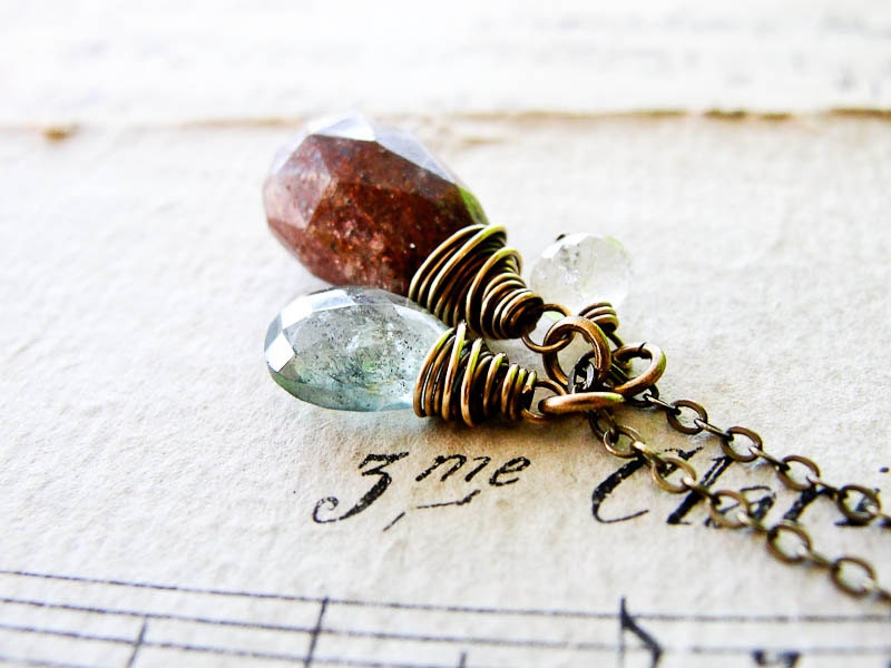 G A T H E R E D... Copper Rutilated quartz, golden rutilated quartz, moss aquamarine on brass necklace