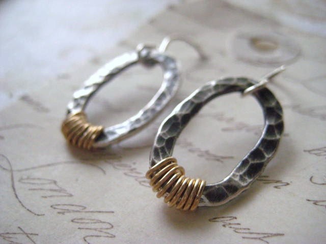 hoop style earrings oxidized fine silver mixed metals hammered fine 14k gold filled wire wrapped women's jewelry by candies64