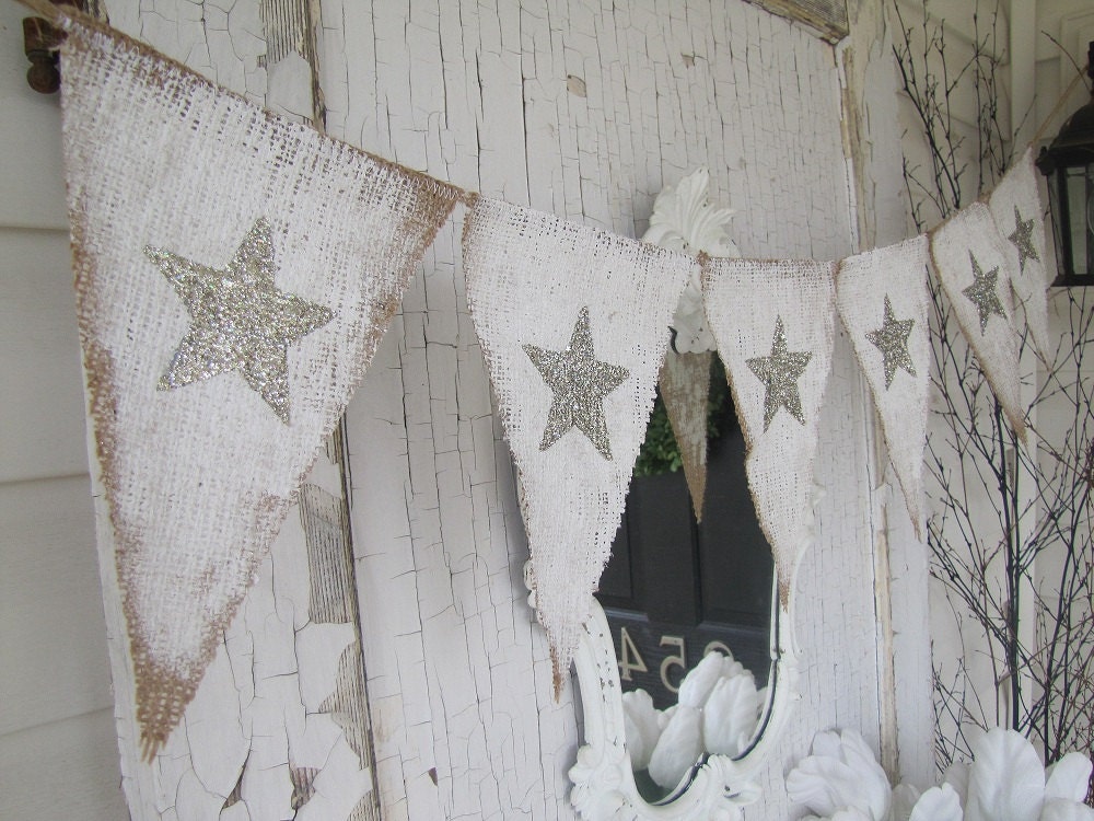 SALE...Tarnished Silver Stars Painted Burlap Banner, Patriotic, 4th of July