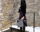 The XL Clutch in Black Italian Leather and European Herringbone Wool  - 15 Inch Wide Indie Patchwork Series