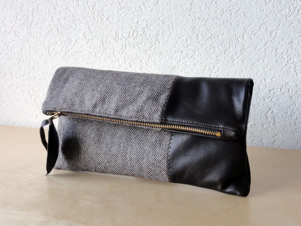 Leather Clutch in Dark Chocolate Italian Leather and European Wool - Indie Patchwork Series