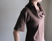 SALE - Chocolate Brown Oversize Cowl Tunic / Blouse / Short Sleeve Tee / Cotton /  Tshirt / Ready to Ship / Large