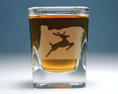 Oregon Stag shot glass - square etched glass - made in Portland, Oregon