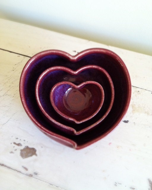 Wedding decor, Gift, Mother's Day, Three Of Hearts-set of three nesting raspberry heart bowls