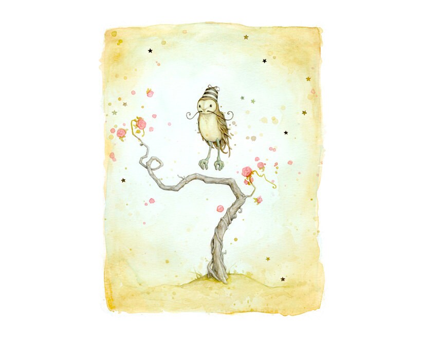 Signed art print: "The Magician" (A magically mustachioed floating owl). From an original watercolor by Leontine Greenberg. 8.5" x 11".