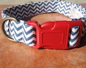 Sea Spray - Organic Cotton LARGE Dog Collar Blue White Nautical Chevron - All Antique Brass Hardware