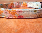 English Garden - Organic Cotton SMALL Dog Collar Floral Flowers Polka Dots - All Antique Brass Hardware