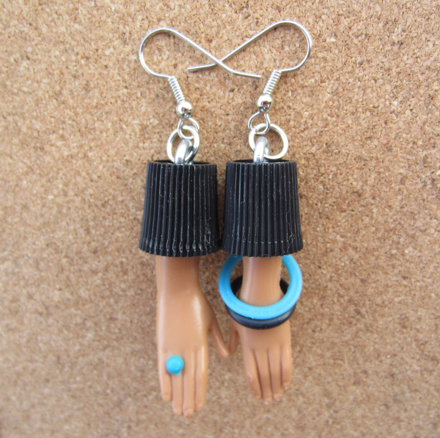 Upcycled bottle cap Barbie Doll hand earrings with bangles and blue ring