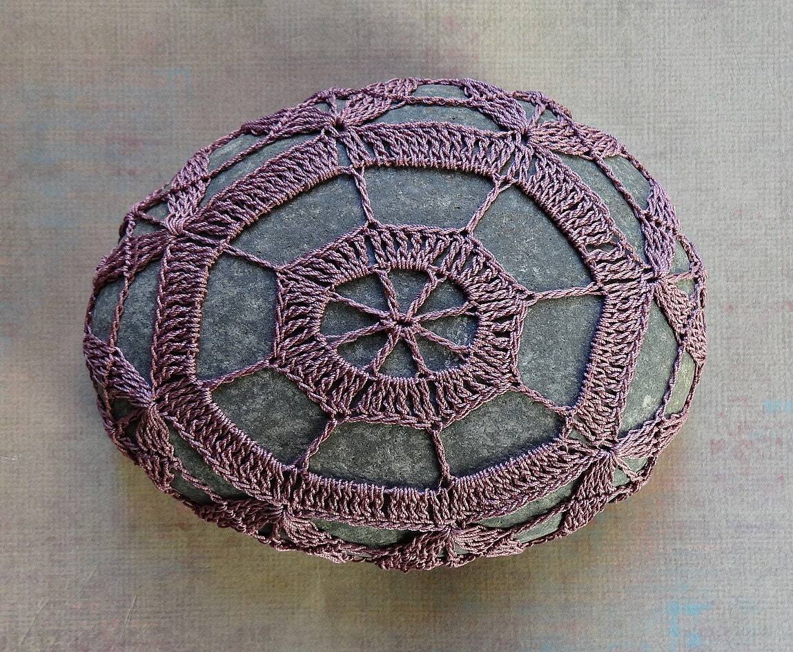Decorative Arts, Art Object, Mixed Media, Crochet Lace Stone, Original, Handmade, Table Decorations, Soft Purple with Gray Stone, Nature