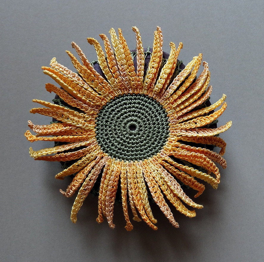 RESERVED  Folk Art, Mixed Media, Crochet Flower Stone, Original, Handmade, Sunflower, Table Decorations, Nature, Garden, Decorative Arts