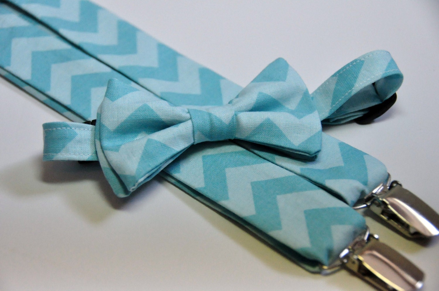 Boy's Bow Tie and Suspenders in Aqua Blue Tonal Chevron