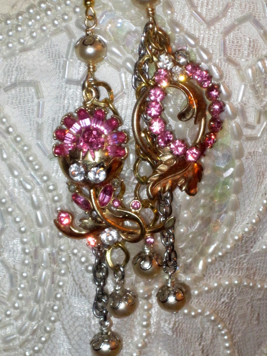 Romantic PINK RHINESTONE Floral Drop CHANDELIER earrings Ooak