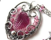 Pink Leaf and Hearts Necklace - Carved Pink Tourmaline and Silver