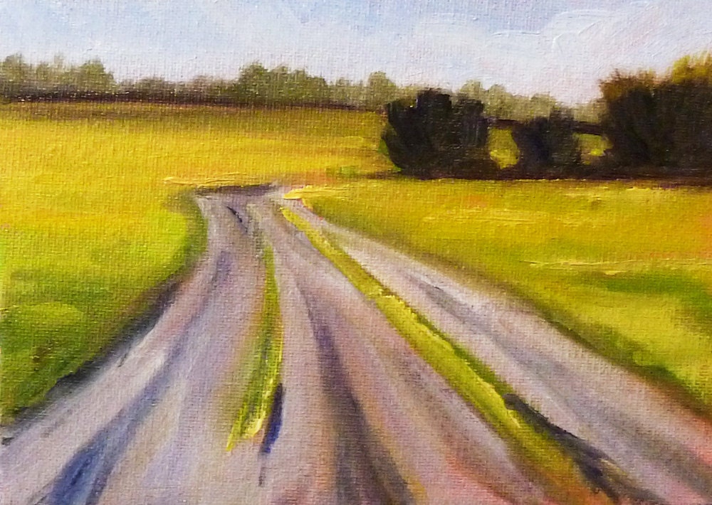 Landscape Oil Painting, Original Country Road Scene, Small 5x7 on Canvas, Wall Decor, Minimalist