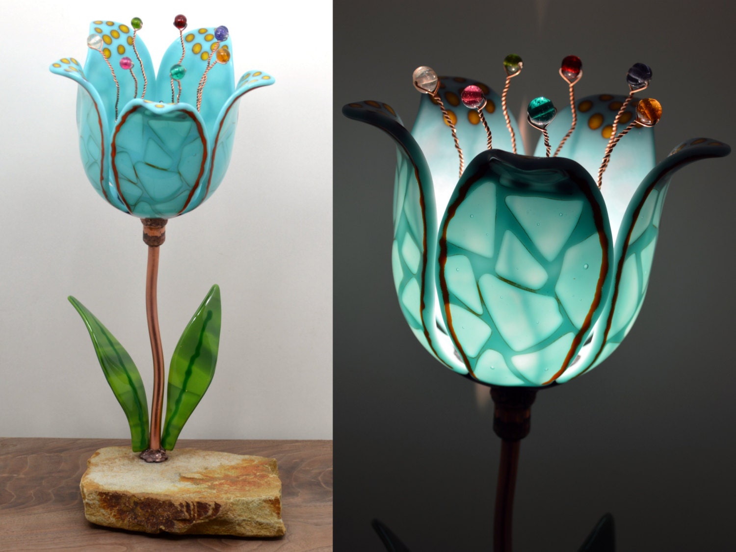Art Glass Table Lamp / Fused Glass Flower Lamp / Stained Glass Lamp / Accent Lamp / Natural Rock Base - Turquoise Blue Tulip