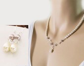 Bridal Jewelry Set, Pearl Necklace Earrings Set, Drop Pearl Crystal Wedding Necklace, Grey Ivory Pearls