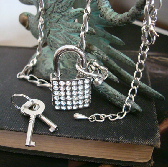 STEAMPUNK Rhinestone Padlock  and Key Necklace, High Quality Lock and Sterling Silver Ox Finished Chain