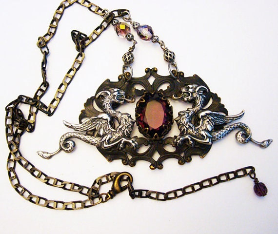RENAISSANCE Silver Dragons and Amethyst Necklace, USA Handmade Jewelry, Fantasy Creatures, Sterling Silver Ox, Large Prong Set Jewel