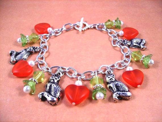Silver Charm Bracelet, Colorful and Cats, Red Green White and Silver Beaded Bracelet, FREE Shipping U.S.