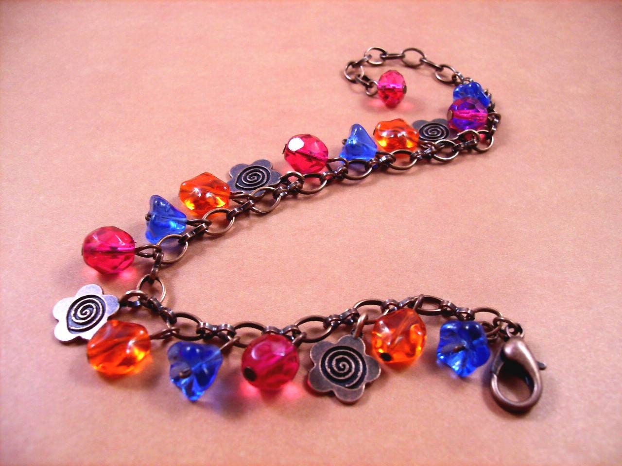 Flower Charm Bracelet, Copper Blossoms and Rainbow Beaded Charm Bracelet, Free Shipping U.S.