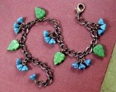 Flower Bracelet, Blue Green Flower Vine, Brass Charm Bracelet, FREE Shipping U.S.