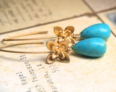 Smooth Arizona Turquoise Gold Vermeil Flower Earrings  Natural West Boho Bright