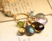 Labradorite Moss and Blue Aquamarine Ametrine Citrine Peridot Whiskey Quartz Necklace in Gold-The Beginning of Daylight