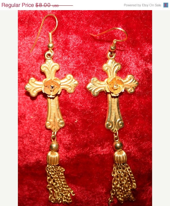 ON SALE Vintage Steampunk Goldtone Gothic Cross Long Dangle Earrings