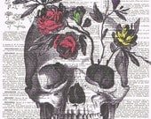 Rose.Skull,flowers.skeleton head.Colour.Antique French Book Page Print.Birthday. Gift,buy 3 get 1 free,home deco, wall.mom.fathers day
