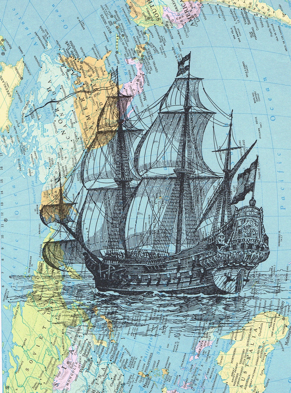 Map.Sailboat.ship.Birthday gift, art, Book Page Print,pirate.Vintage Photo, Paper , home decor, buy 3 get 1 FREE.fathers day.mom.travel