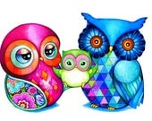 Mom and Baby Owl Happy Family - Colorful Bird Owl Wall Art - NEW Illustration Print by Annya Kai