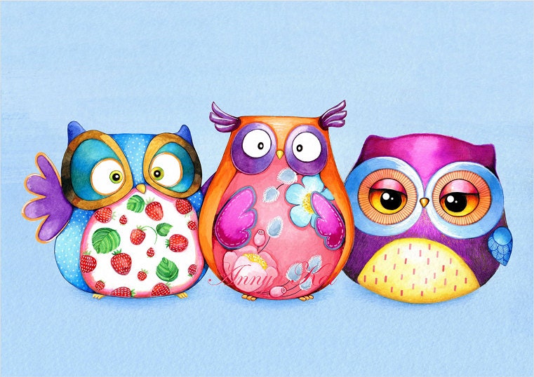 Owl Illustration - Best Friends - Colorful Floral Pattern Strawberry Mango Violet - NEW Owl painting by Annya Kai