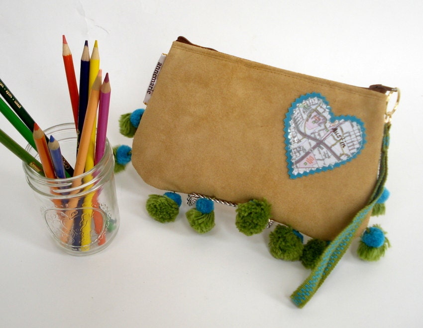 Heart of Texas Wristlet, Map of Austin, Reclaimed Leather, Vintage Pom Poms, Handmade in Austin, Texas