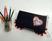 Heart of Texas Wristlet, Map of Austin, Dark Denim with Red Pom-Poms, Handmade in Austin, Texas